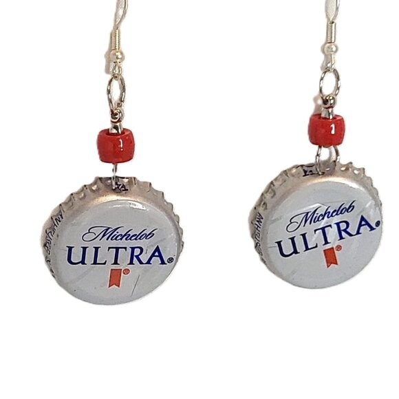 Silver Tone Michelob Ultra Silver Bottle Top Boho Drop Dangle Hook Earrings - Picture 4 of 5